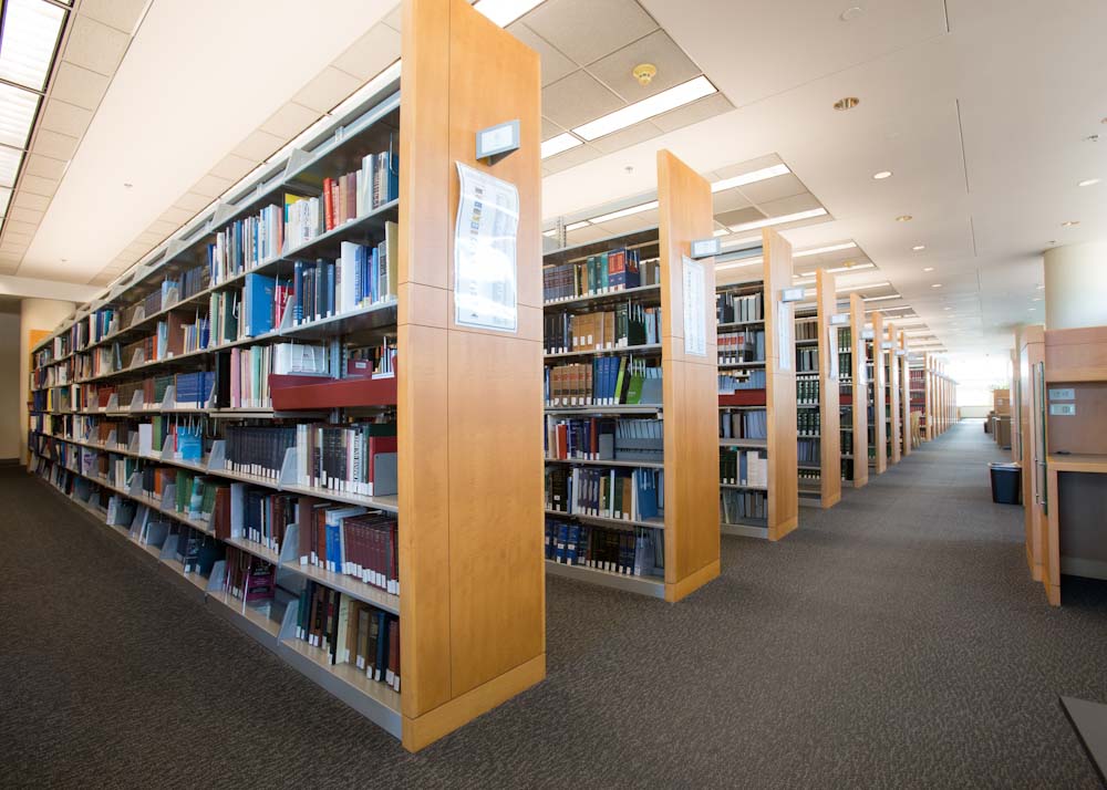 Book shelves and study desks in the Seattle University Law Library