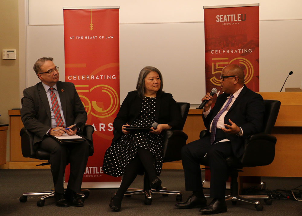 Dean Anthony E. Varona , Hon. Benes Aldana, and Judge Meng Li Che in conversation at Luminaries in Law event (2023)