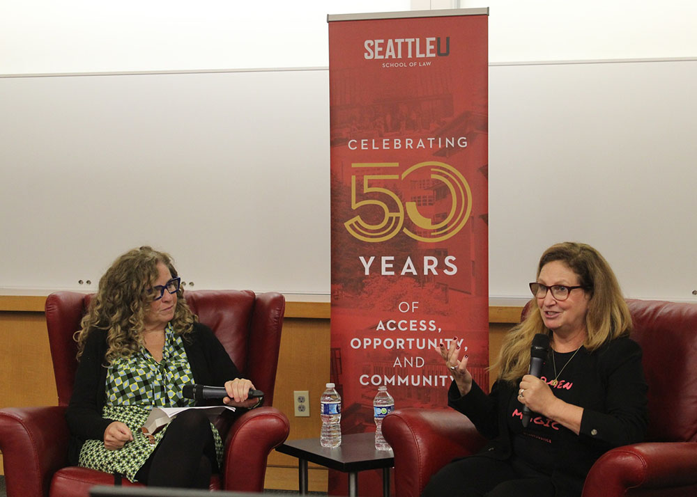 Deirdre Bowen and Dahlia Lithwick in discussion at Luminaries in Law conversation series (10/2023).