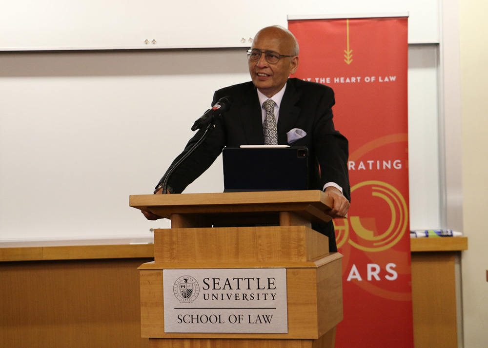 Dr. Abhishek Manu Singhv speaking at podium at Luminaries in Law event (2023)