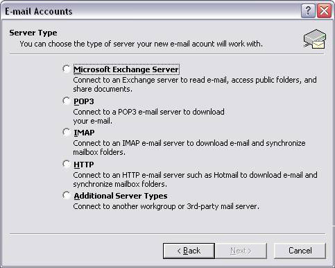 Step 1. E-Mail Accounts  Server Type window.