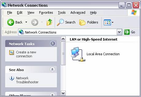Step 2. Local Area Connection icon in the Network Connections window in Windows XP